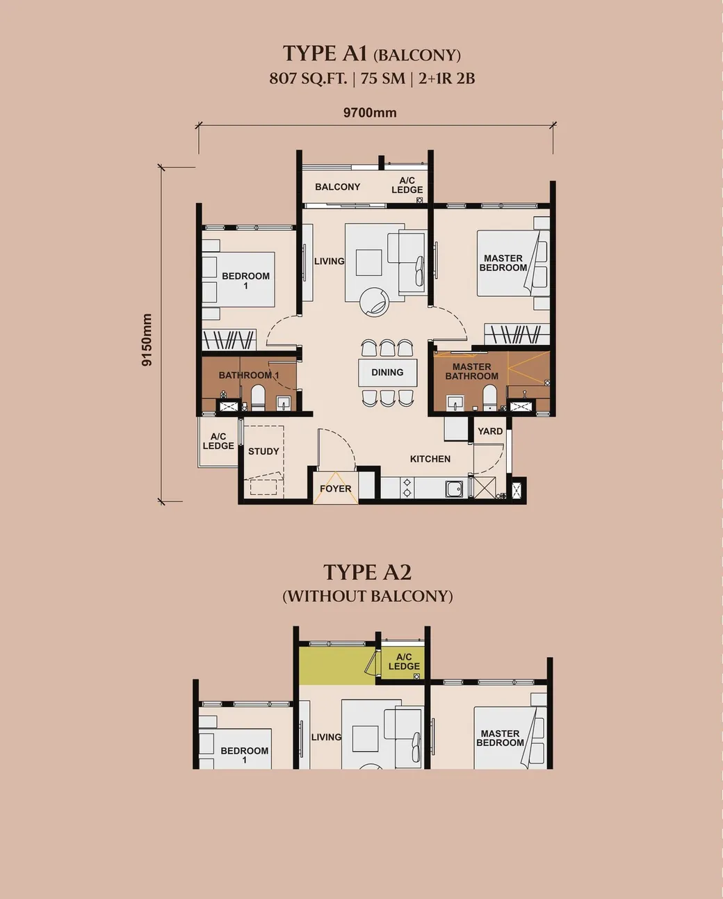 Type A1 (Balcony) and Type A2 (Without Balcony) floor plans