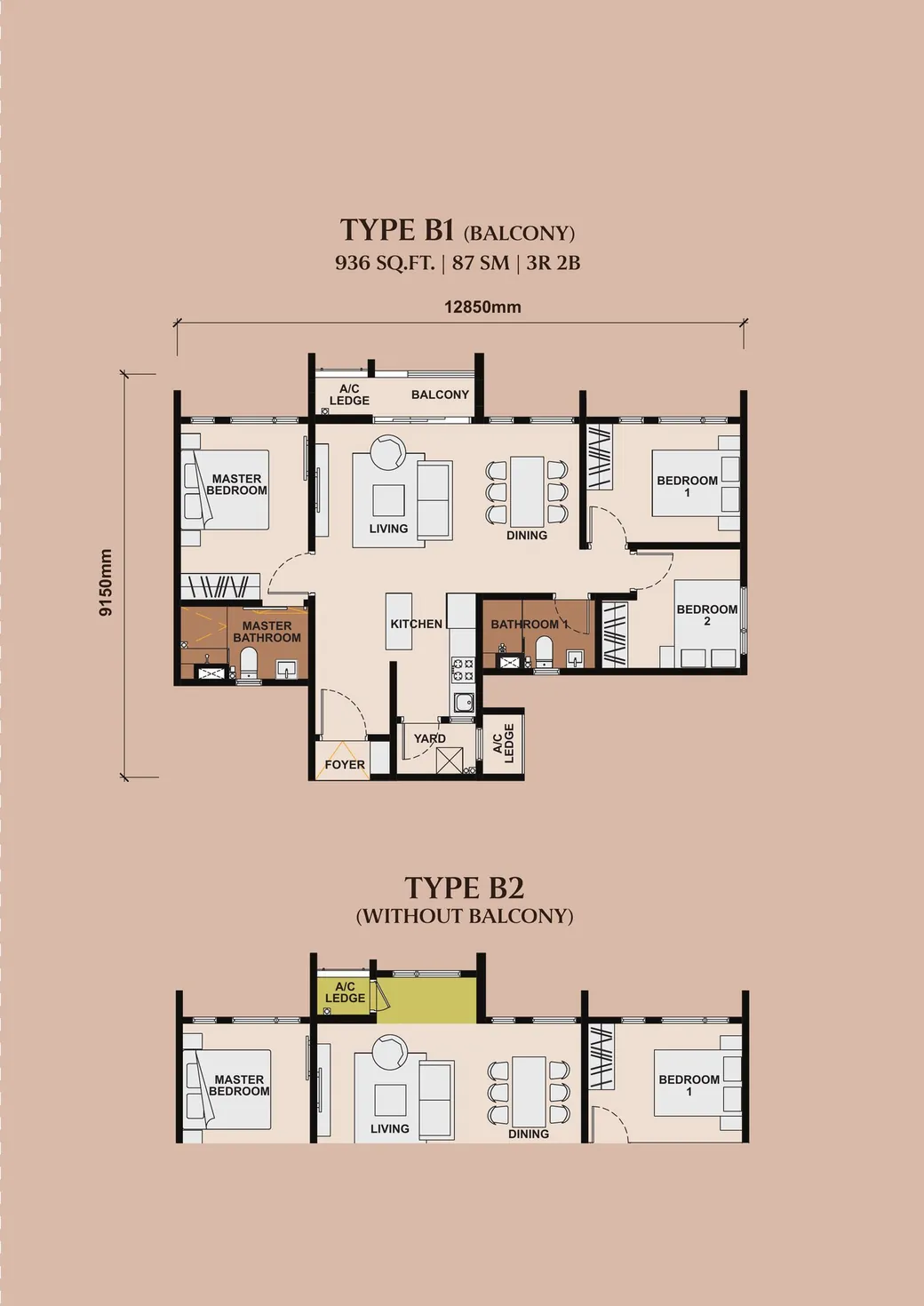 Type B1 (Balcony) and Type B2 (Without Balcony) floor plans