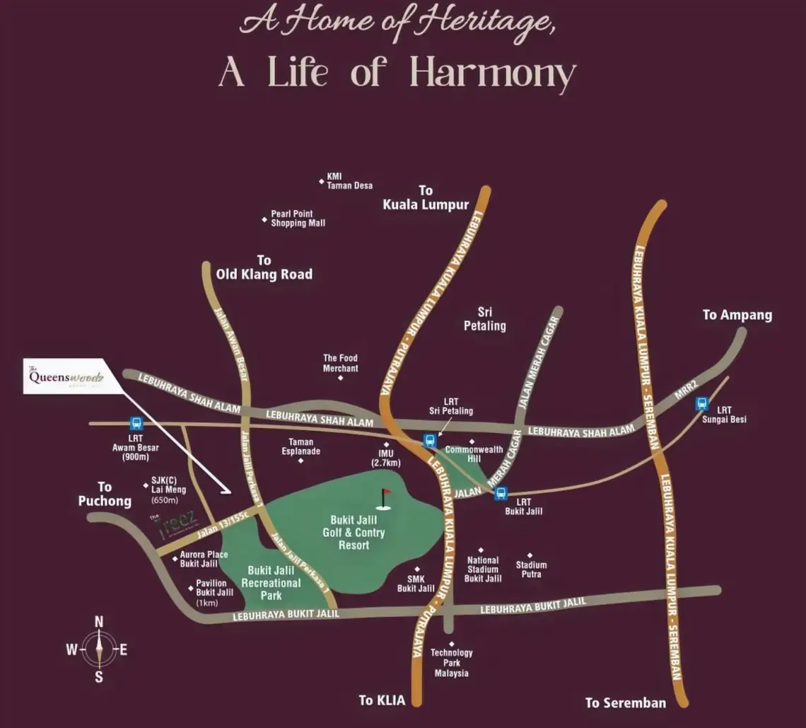 The Queenswoodz vicinity map — LRT Awan Besar, Pavilion Bukit Jalil, Bukit Jalil Golf & Country Resort, National Stadium